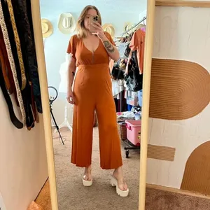 MINKPINK Allison + UO Orange Allison Wide Leg Ribbed Deep Plunge Backless Jumpsuit Medium thumbnail 2