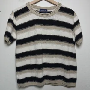 VTG‎ 90s Women Cotton Open Knit Sweater Large Preppy Tan Striped Black Coastal thumbnail 1
