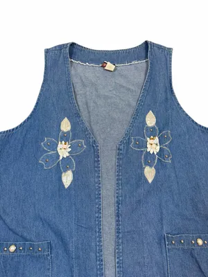 Vintage Embroidered Floral Denim Vest Pearl Studded Boho Western Cottagecore M thumbnail 4