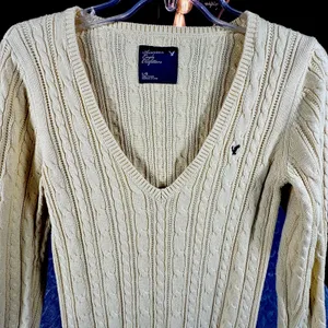 Y2K American Eagle V Neck Fitted Cable Knit Sweater Women Medium Yellow Preppy thumbnail 6