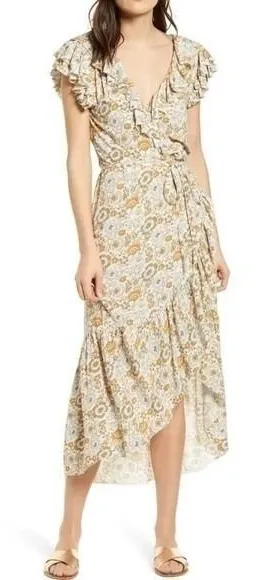 Faherty Carmen Floral Print Wrap Midi Dress‎ Ruffle Short Sleeve Hi Low Small thumbnail 1
