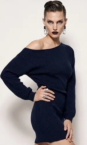 MESHKI Rafferty Navy Blue Knit Mini Sweater Dress XS NWT Boat Neck Puff Sleeve thumbnail 1