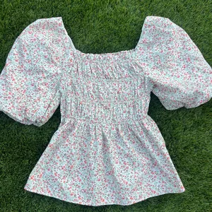 Love Note Pink and Blue Puff Sleeve Smocked Blouse thumbnail 1