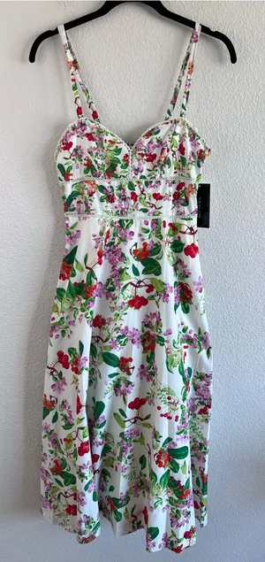 NWT Taylor Tiered Ruffle Pink Floral Midi Dress Sweetheart Neckline Cottagecore thumbnail 1