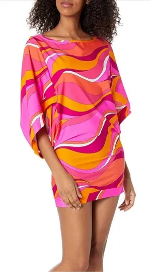 NWT Trina Turk Vivid Vista Pink/Orange Cover Up Mini Swim Tunic Dress Size Small thumbnail 1