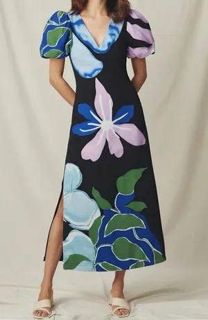 ANTHROPOLOGIE Puff-Sleeve A-Line Maxi Dress, Black Floral, Small thumbnail 1