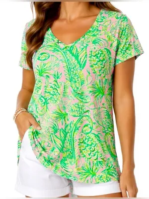 Lilly Pulitzer Etta V Neck top Mandevilla Baby Fins and Flippers resort vacay XL thumbnail 1