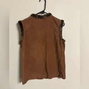 Bob Mackie Wearable Art Fleece Vest Brown Feather Embroidery Faux Fur Small New thumbnail 2