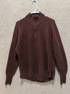 Brown ribbed sweater half zip cozy comfy fall travel elevated basic lounge relax Size XL thumbnail 1