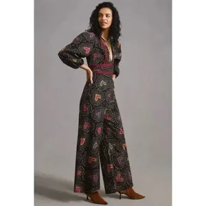 Anthropologie x Farm Rio Jumpsuit M NWT Deep-V Hearts Print Wide-Leg thumbnail 6