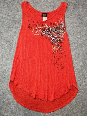 HARLEY-DAVIDSON Women's M Tank Top Floral Graphic Heathered Red Cream thumbnail 1