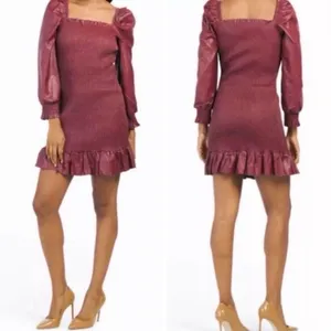 7 For All Mankind Mini Dress Womens M Oxblood Smocked Vegan Leather Coquette thumbnail 2