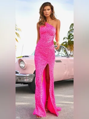 Sherri Hill 54330 Neon Pink Sequin One Shoulder Gown High Slit Women's Dress thumbnail 2