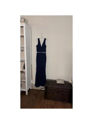 FLAW Juniors Maniju Navy Lace Evening Gown Mermaid High Slit Peekaboo Cut Out thumbnail 6