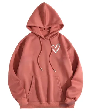 Heart Print Thermal Lined Drawstring Hoodie in Pink, Size XL thumbnail 1