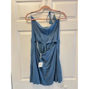 Free People Blue Chambray Denim Mini Dress Sleeveless with Tassel‎ Size L thumbnail 3