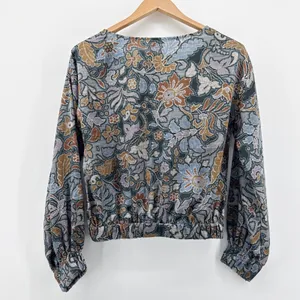 Ann Taylor Floral Mosaic Print Blouse Small Blue Brown Long Sleeve‎ Smocked Hem thumbnail 4