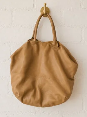 NewbarK Tan Leather Slouchy Oversized Tote Top Handle Bag Boho Luxe 90s Minimal thumbnail 1