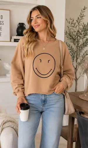 By Together Y Collection Smiley Face Sweatshirt Oversized Fleece Raw Hem, sz S thumbnail 1