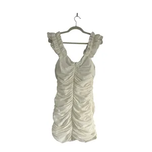 Zara Ruffle Strap Ruched Linen Blend Dress Off White Cream Medium Coastal thumbnail 4