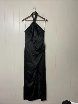 Azazie Zaya Black Satin Halter Maxi Dress Size A8 Formal Gown thumbnail 2