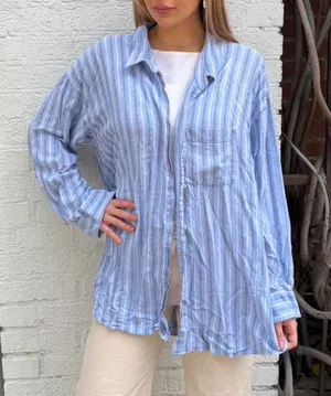 Aritzia Wilfred Free blue linen striped button up shirt Size 3 / XL thumbnail 1