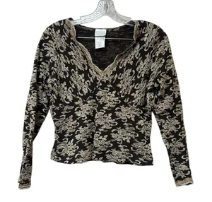 Moda Vintage Black Gold Lace Top Y2K Going Out Sheer Long Sleeve Large thumbnail 1