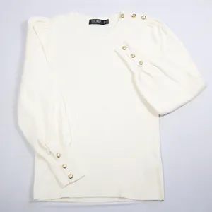 Lauren Ralph Lauren Pullover Women 1X Cream Ribbed Puff Sleeve Gold Button Top thumbnail 1