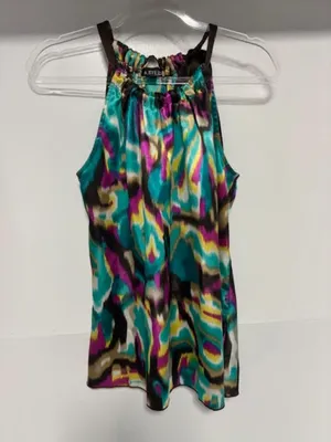 A. Byer Abstract Multicolored Print Satin Halter Top Tie Shoulder NWOT Size L thumbnail 2