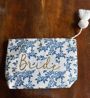 Shiraleah Chicago Bride Cosmetic Bag with Blue Leaf Print and Tassel thumbnail 1