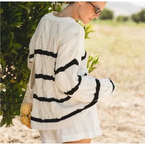 SOLAI Cable Knit Striped Sweater Ivory Black Oversized Coastal Grandmother thumbnail 2