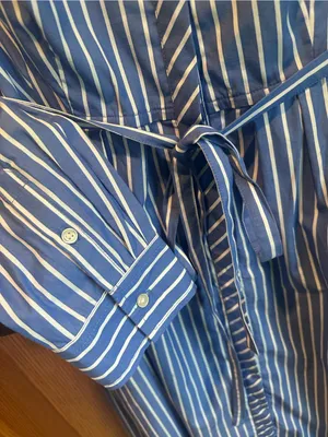 Free Assembly Blue Stripe Pleated Cotton Midi Shirtdress Long Sleeves Sz 12-14 thumbnail 2