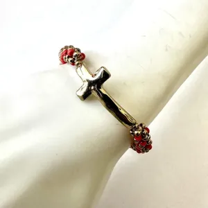 Gold tone and orange beaded stretchy cross bracelet thumbnail 2