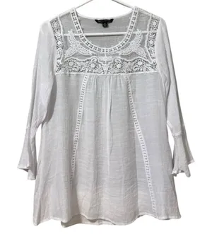 Zac & Rachel Floral Embroidered Tunic Top White‎ Lightweight Flowing Size Small thumbnail 1