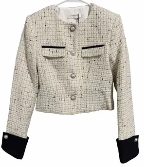 Commense Contrast Cuff Pearl Button Tweed Jacket Apricot Women's Size Small thumbnail 1