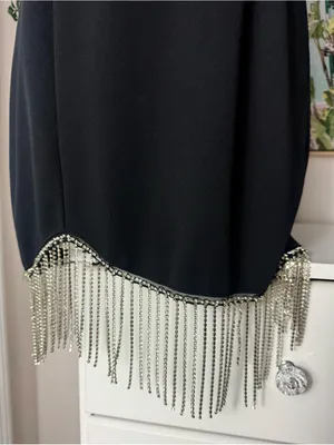 Trixxi Black Silver Rhinestone Chain Fringe Mini LBD Dress Size Large thumbnail 4