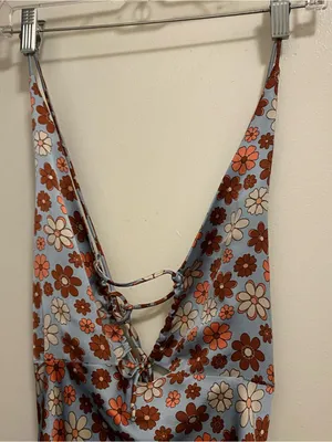 Cotton Candy LA Maxi Halter Slip Dress M Satin Blue Brown Floral Hippie Boho Vtg thumbnail 3