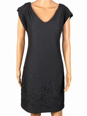 TIANA B. Black Floral Ribbon Appliqué V Neck Shift Dress Medium thumbnail 4