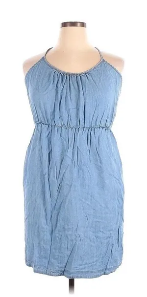Maurices Light Wash Chambray‎ Halter Dress Beaded T-Back Empire Waist Blue Large thumbnail 1