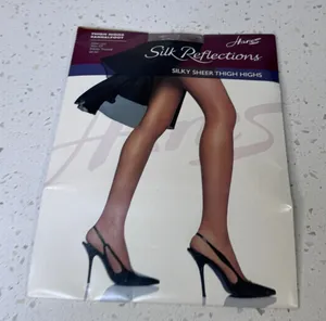 Hanes‎ Silk Reflections Silky Sheer Thigh Highs Sandalfoot Barely There Size EF thumbnail 1
