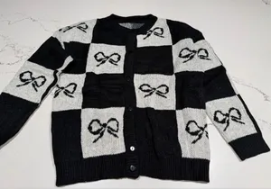 NEW Black & Tan Bow Checkered Button Down Cardigan Sweater L Size L thumbnail 1