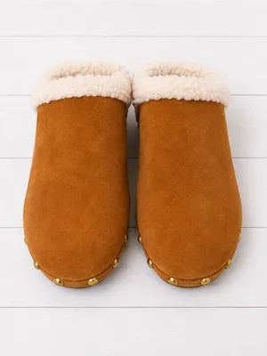 Caslon Cozy Sherpa-Lined Gold Studded Cognac Brown Suede Mule Clog Shoes Size 9 thumbnail 2