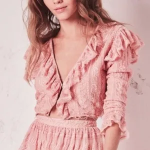 LoveShackFancy Macey Crop Top XS Rosewater Pink Lace Ruffle Long Sleeve Blouse‎ thumbnail 2