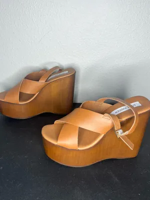 Steve Madden Cognac Leather Criss Cross Open Toe Slingback Galaxy Wedge Sandals thumbnail 3