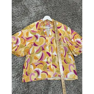 THML Women’s Yellow Pink Abstract Swirl Puff Sleeve V-Neck Blouse Top Size M thumbnail 10
