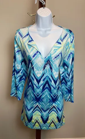 Chicos Aquatic Merge Blue Yellow Sequin Tunic Top Size 1 US Size M New With Tag thumbnail 1