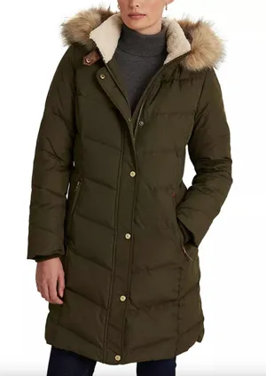 Ralph Lauren Women's Olive Green Long Puffer Coat Fur Hood Medium Down Filled thumbnail 1