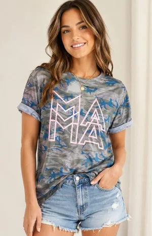 Camo MAMA Graphic Tee Pink Outline Mom Shirt NWT thumbnail 1