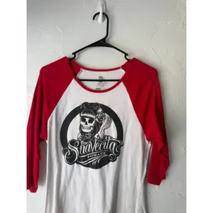 Suavecita Pomade 2010s Skull Rose Baseball Tee Red‎ White Rockabilly Women's XL thumbnail 2
