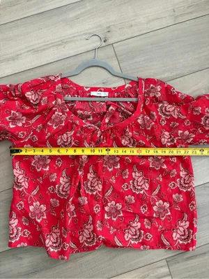 MNG Mango Red Paisley Floral Square Neck Elbow Balloon Sleeves Cotton Linen Top thumbnail 7